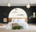 Chambre peinture noire avec une tête de lit arche en papier peint contraste. Ameublement de la chambre par ARHA Studio.