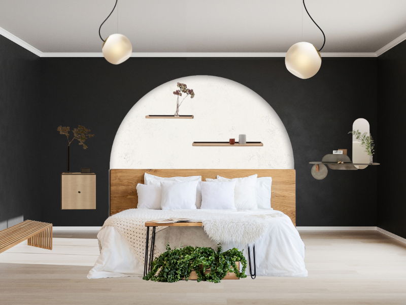 Chambre peinture noire avec une tête de lit arche en papier peint contraste. Ameublement de la chambre par ARHA Studio.
